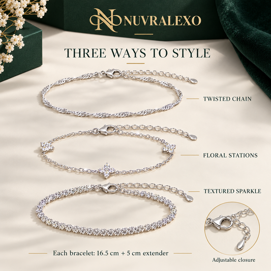 Nuvralexo® Silver Clover Bracelet Trio Set