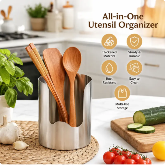 🆙1 Count, Thickened Stainless Steel Utensil Organizer, Rust Resistant Easy to Clean Multi-purpose Storage Holder✨