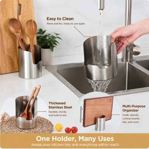 🆙1 Count, Thickened Stainless Steel Utensil Organizer, Rust Resistant Easy to Clean Multi-purpose Storage Holder✨