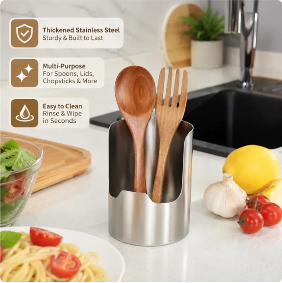 🆙1 Count, Thickened Stainless Steel Utensil Organizer, Rust Resistant Easy to Clean Multi-purpose Storage Holder✨